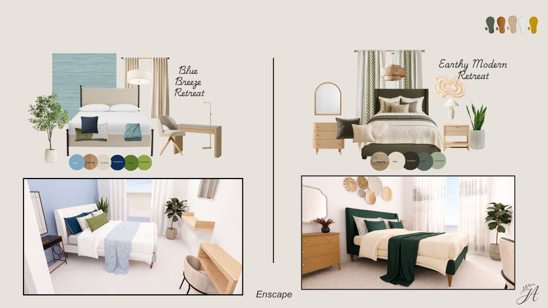 Capstone concept boards: Blue Breeze Retreat and Earthy Modern Retreat bedrooms with Enscape renderings