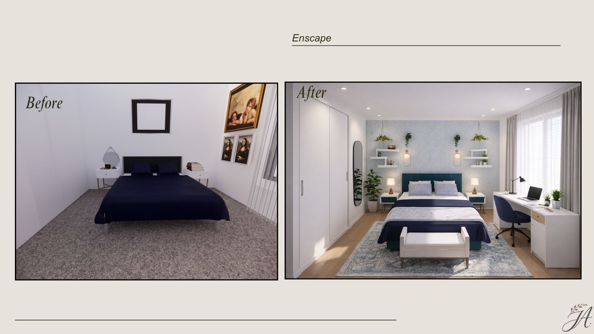 Before and after of a bright, warm, inviting bedroom and workspace