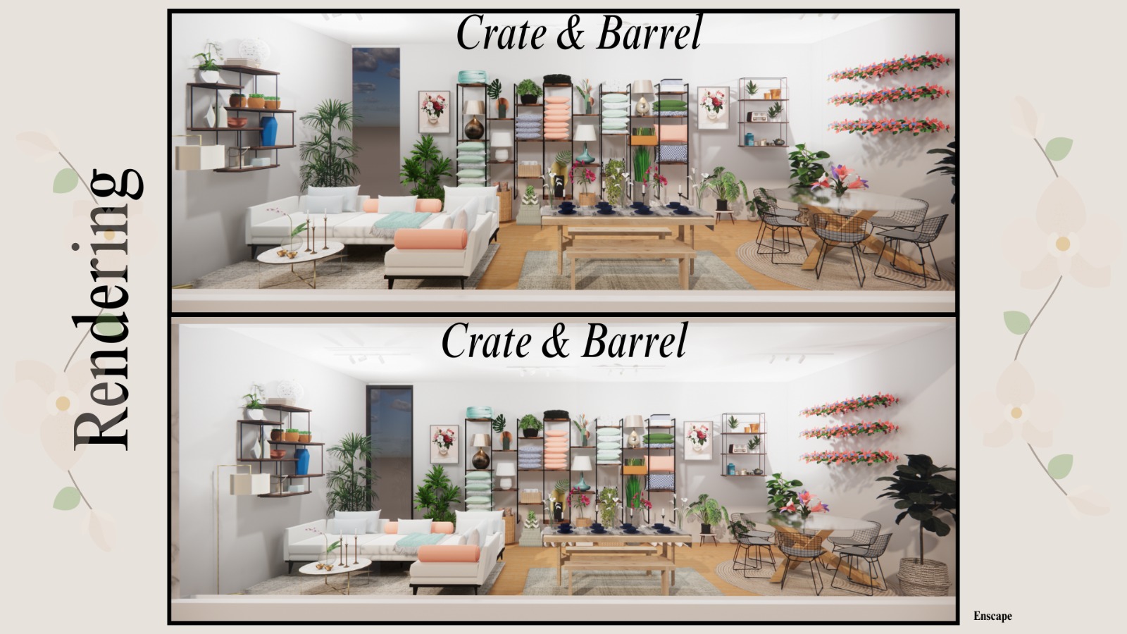 Crate and Barrel showroom rendering with styled living and dining zones
