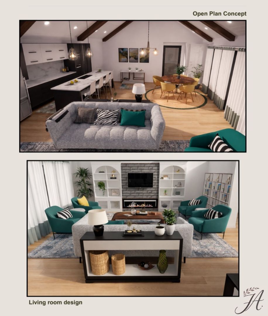 Living room and open plan concept renderings illustrating the design philosophy