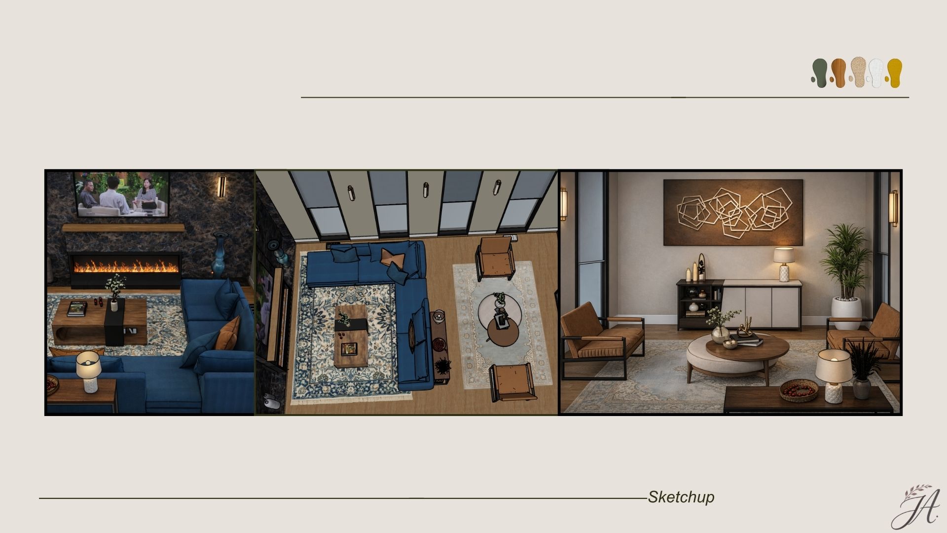 Entertainment lounge concept showing three different design approaches