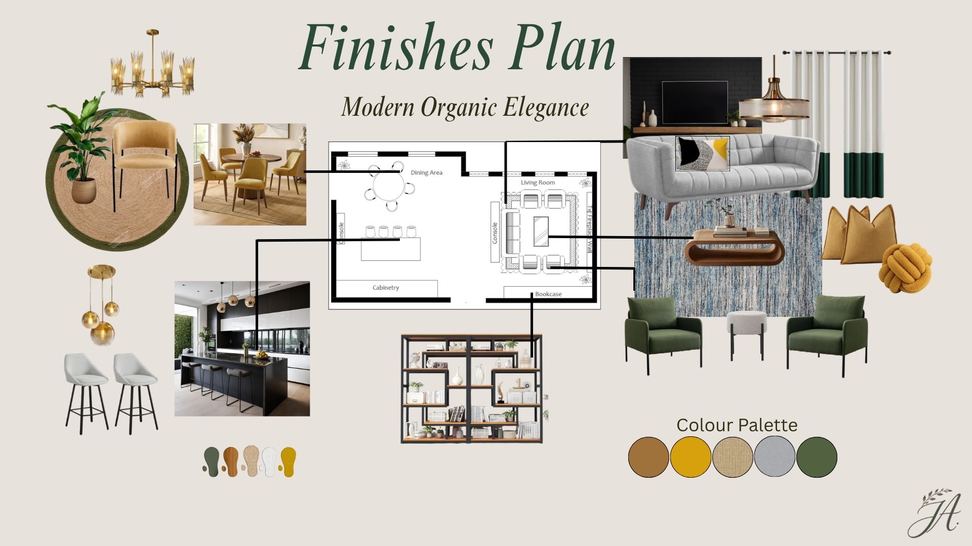 Sample Finishes Plan — Modern Organic Elegance with floor plan, furnishings and colour palette
