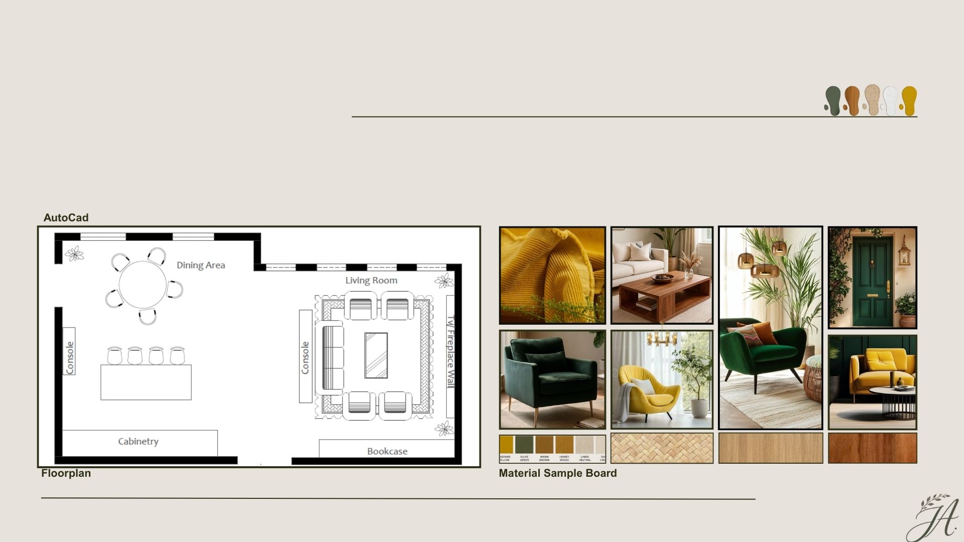 Elegant Open Plan Living — open-concept living, dining, and kitchen floor plan with furnishings board
