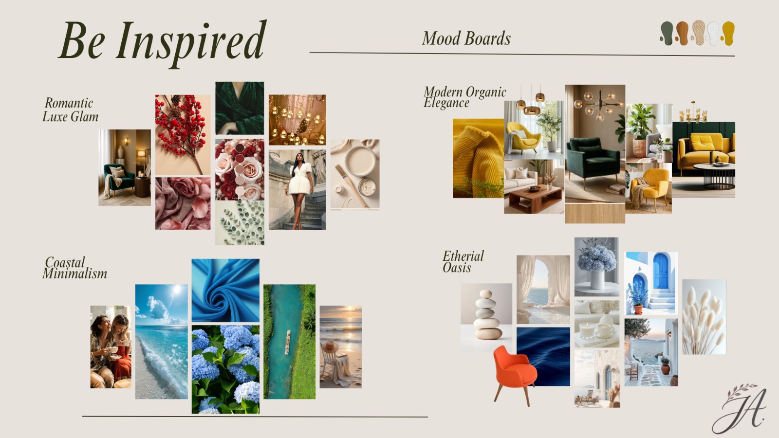 Be Inspired mood boards — Romantic Luxe Glam, Modern Organic Elegance, Coastal Minimalism, Etherial Oasis