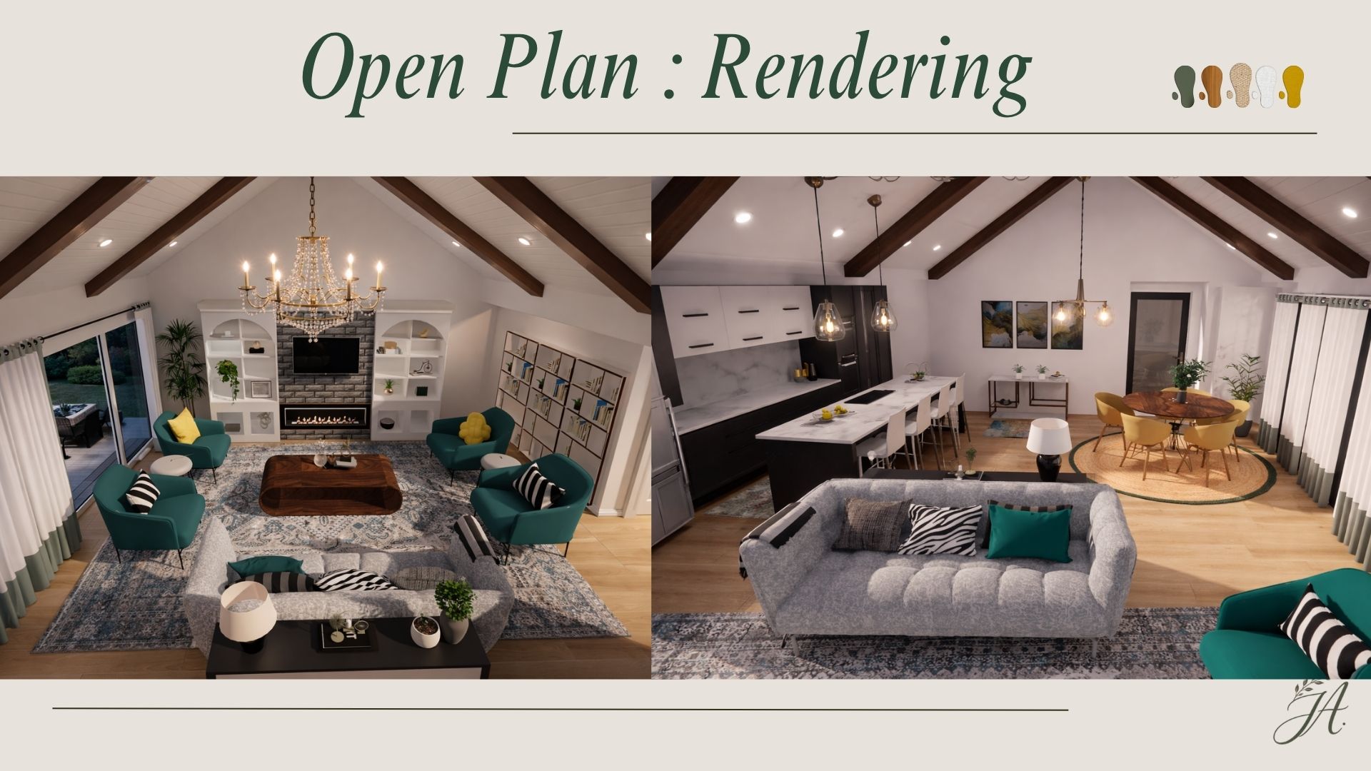 Elegant Open Plan Living — open-concept living, dining, and kitchen floor plan with furnishings board