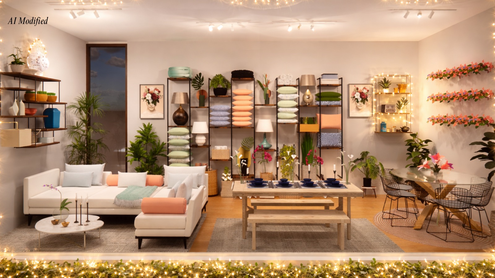 Retail showroom display with layered lighting, styled shelving and dining vignette